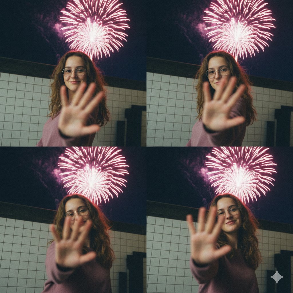 Retro Girl Smiling Under Night Fireworks
