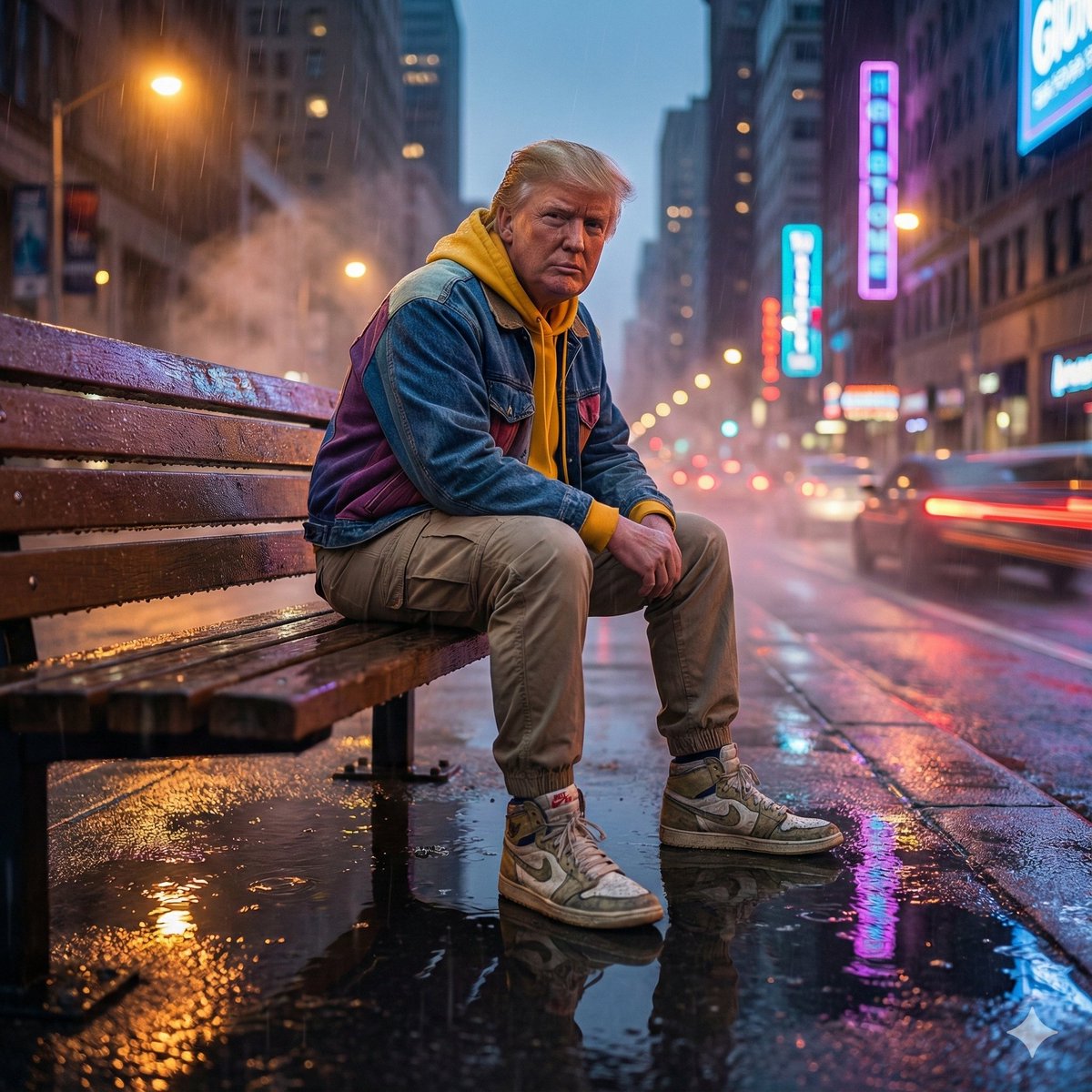 Neon Rain Night Bench Portrait