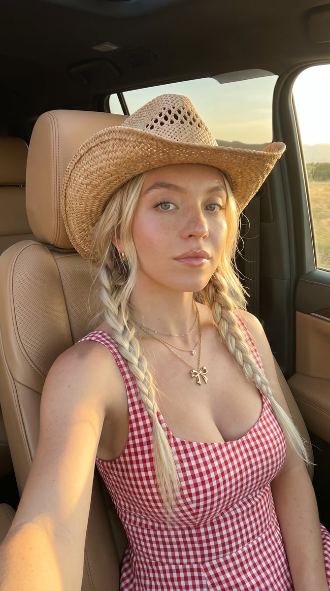 Blonde Woman Luxury SUV Golden Hour Selfie