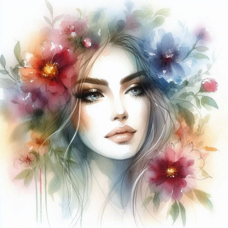 Loose Watercolor Face With Flowers and Soft Glow