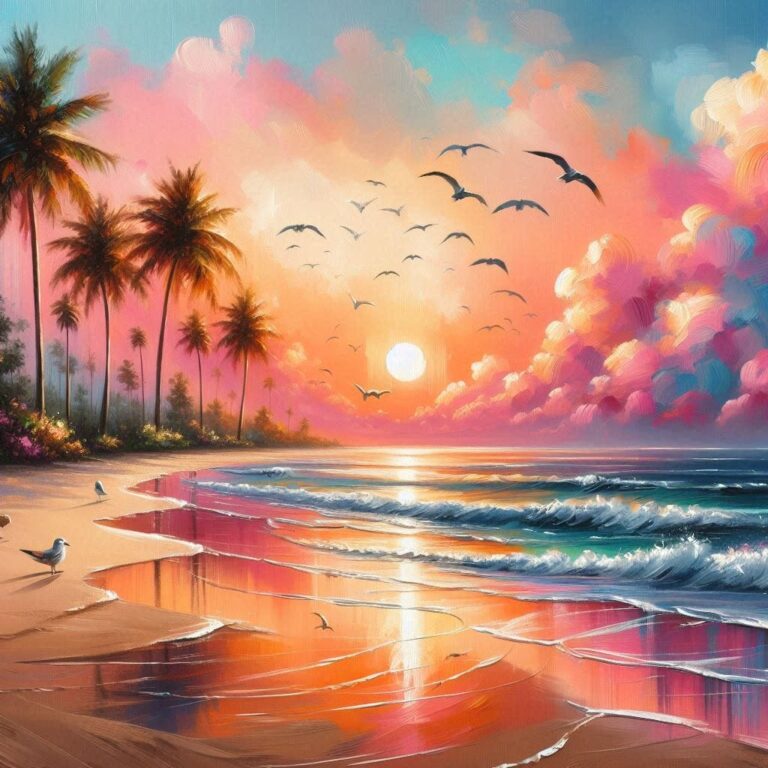Serene Beach Sunset With Palms and Birds Acrylic Art