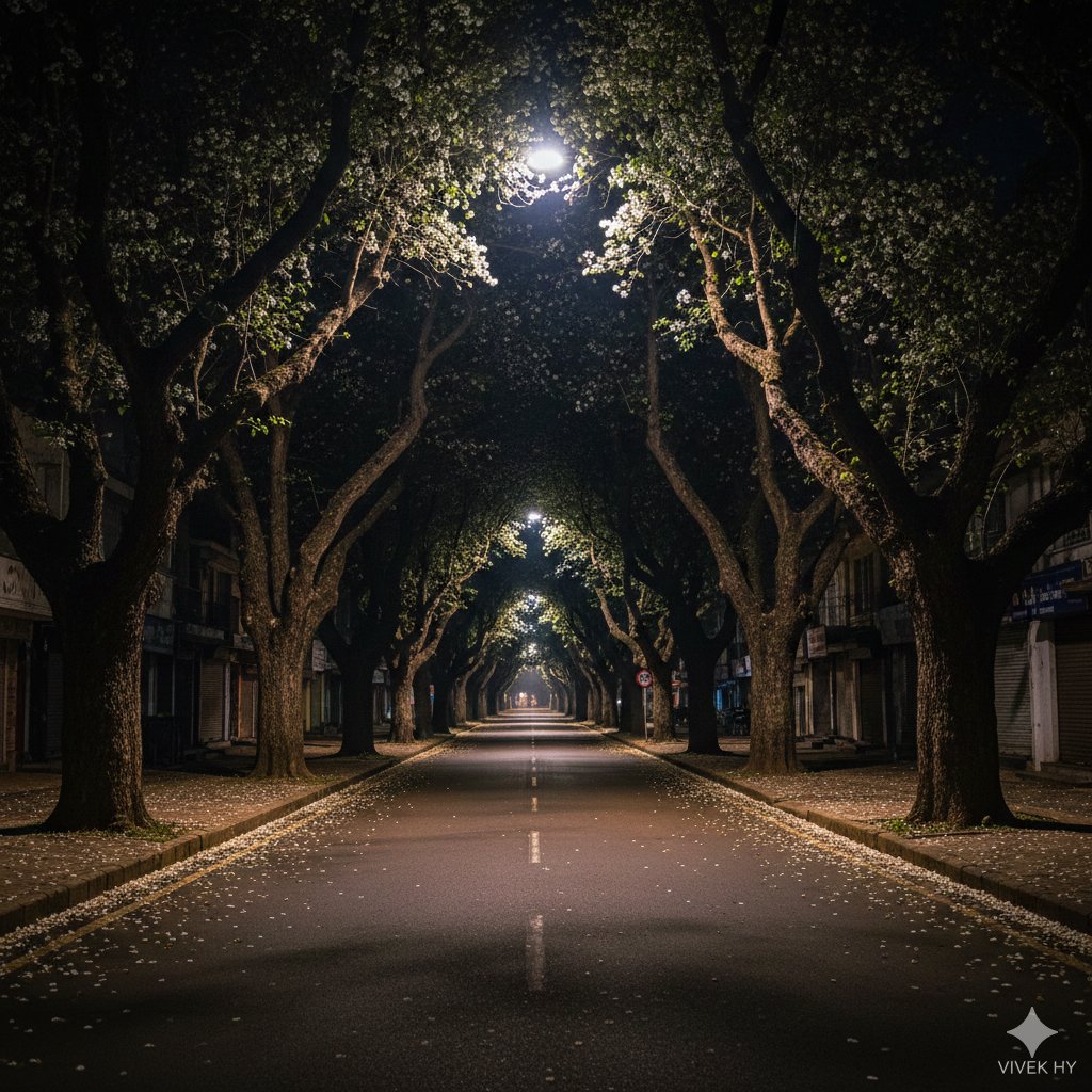 Quiet Night Street With Petals