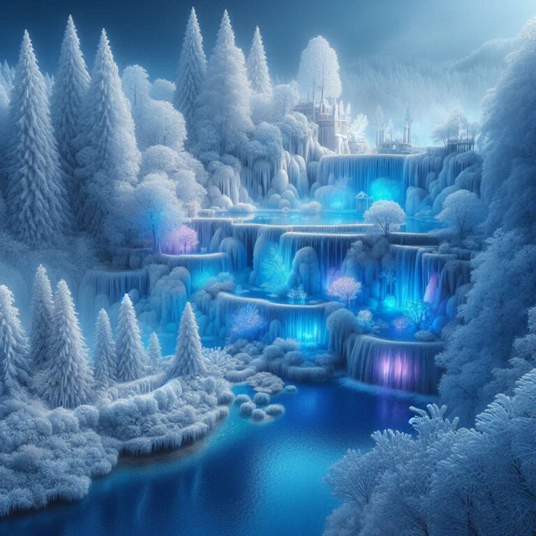 Blue Winter Landscape With Iridescent Waterfall Fog