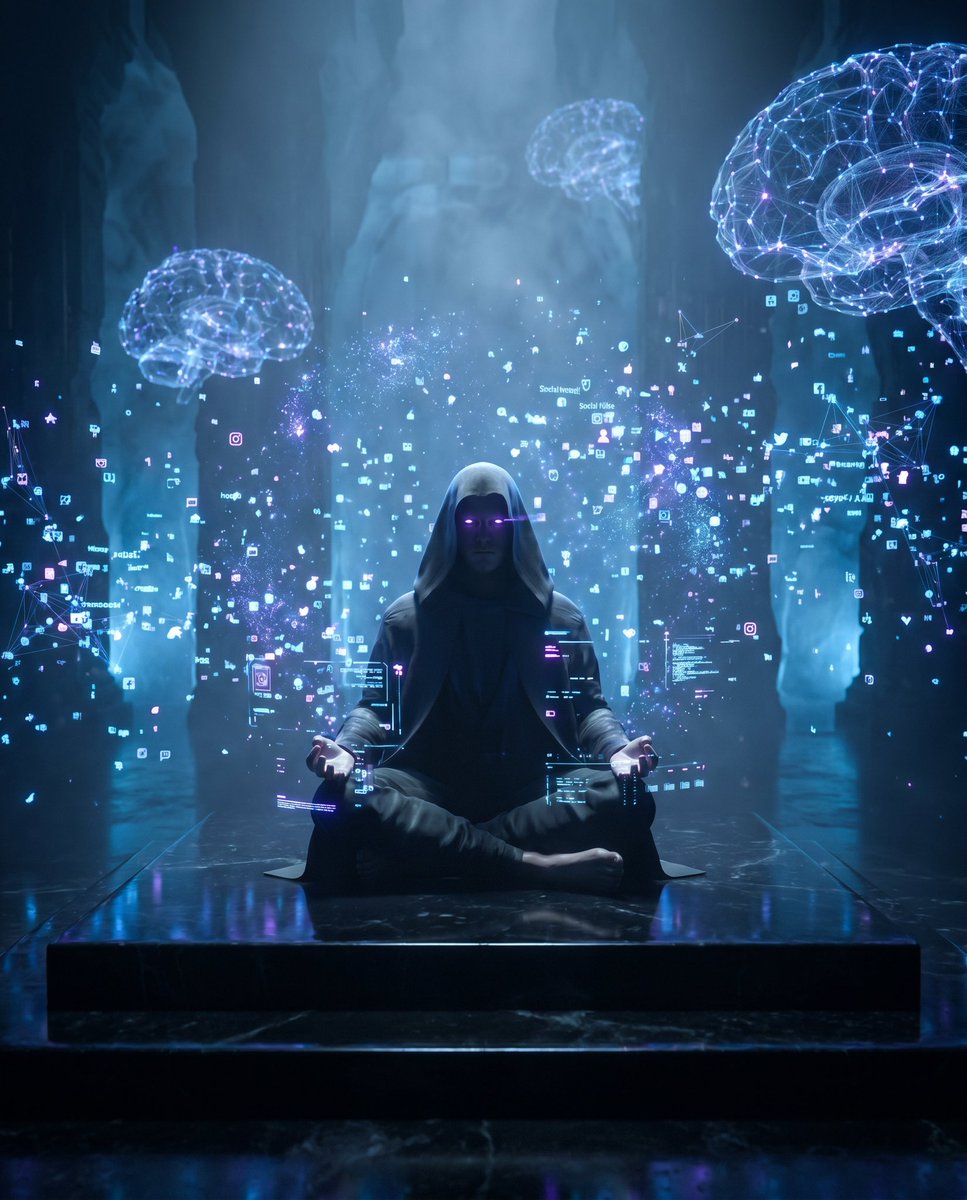Futuristic Monk Meditating In Digital Temple