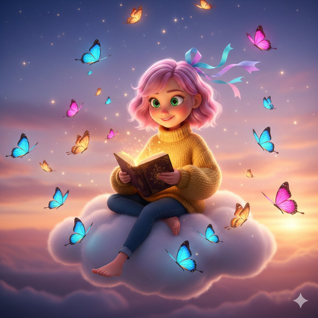 Magical Girl Reading On Dreamy Cloud
