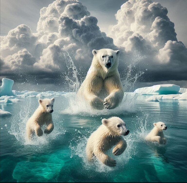 Polar Bear With Fish and Cubs Leaping Into Turquoise Sea