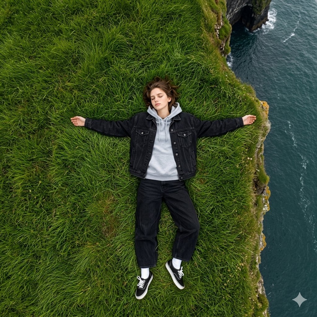 Aerial View Young Man Land Sea