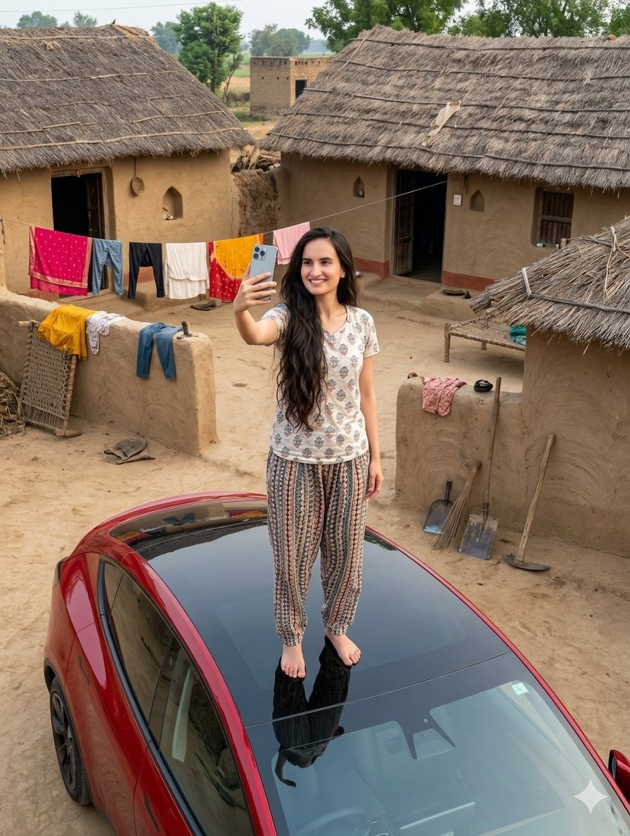 Tesla Selfie in Rustic Village
