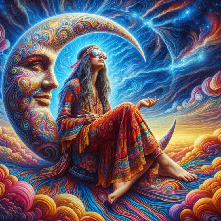 Hippie Woman on Crescent Moon Psychedelic Oil Painting