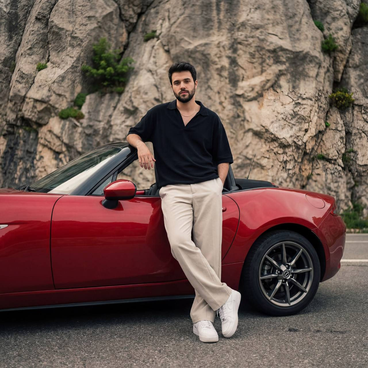 Stylish Man Leaning On Red Convertible