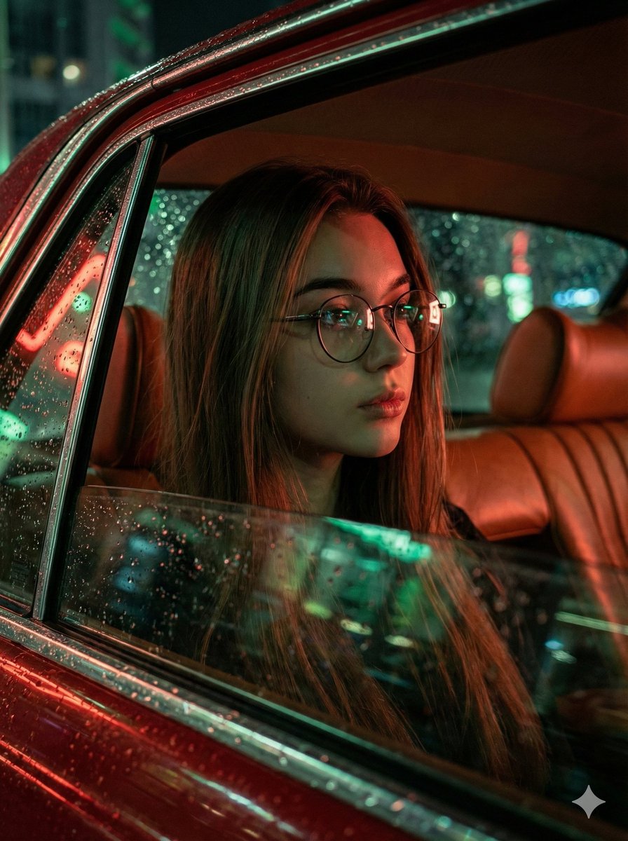 Neon Rain Night Car Portrait