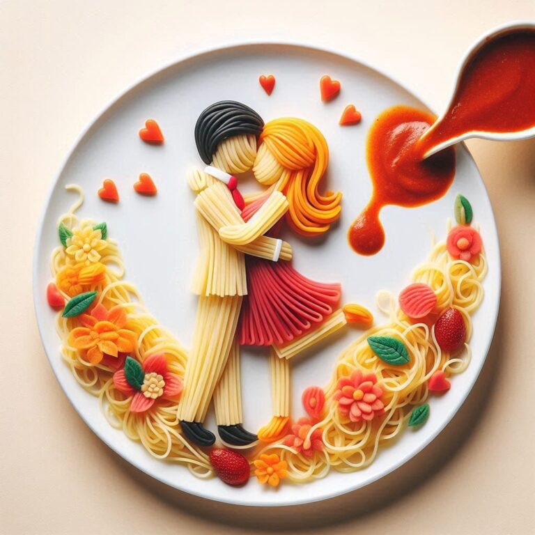 Spaghetti Noodles Shaped as Embracing Loving Couple