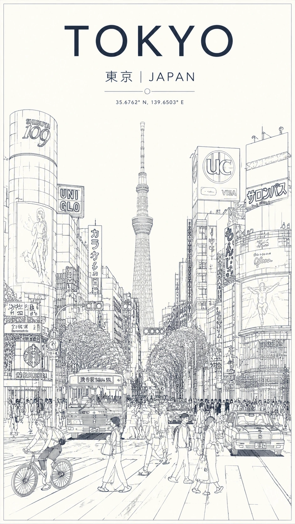 Vertical minimalist line-art city poster of Tokyo