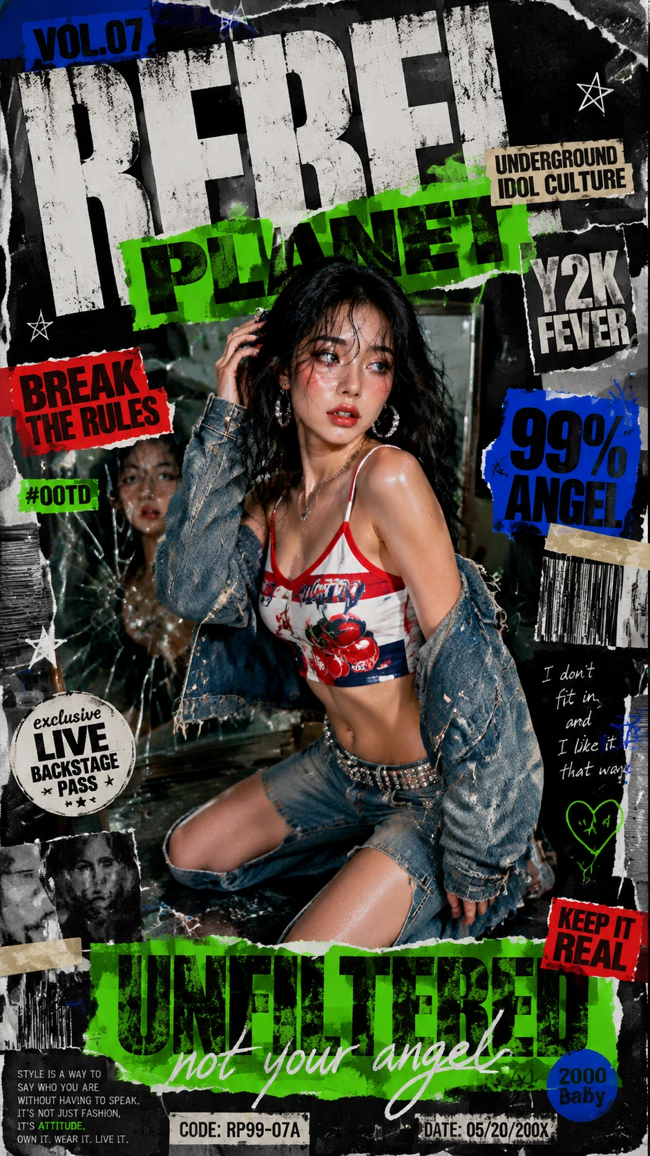 Y2K poster of kneeling korean sexy female