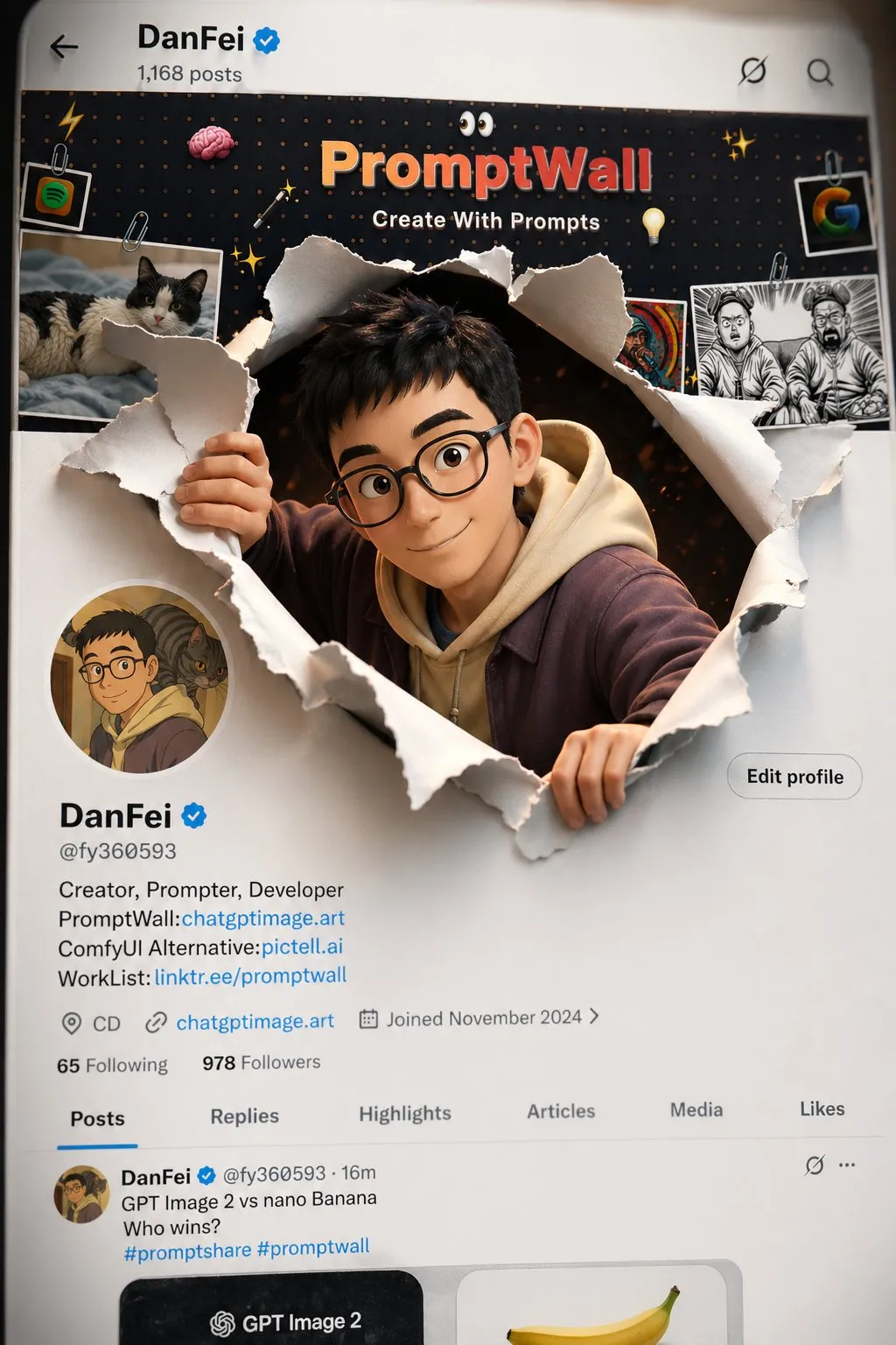 social media profile with  emerging 3D character