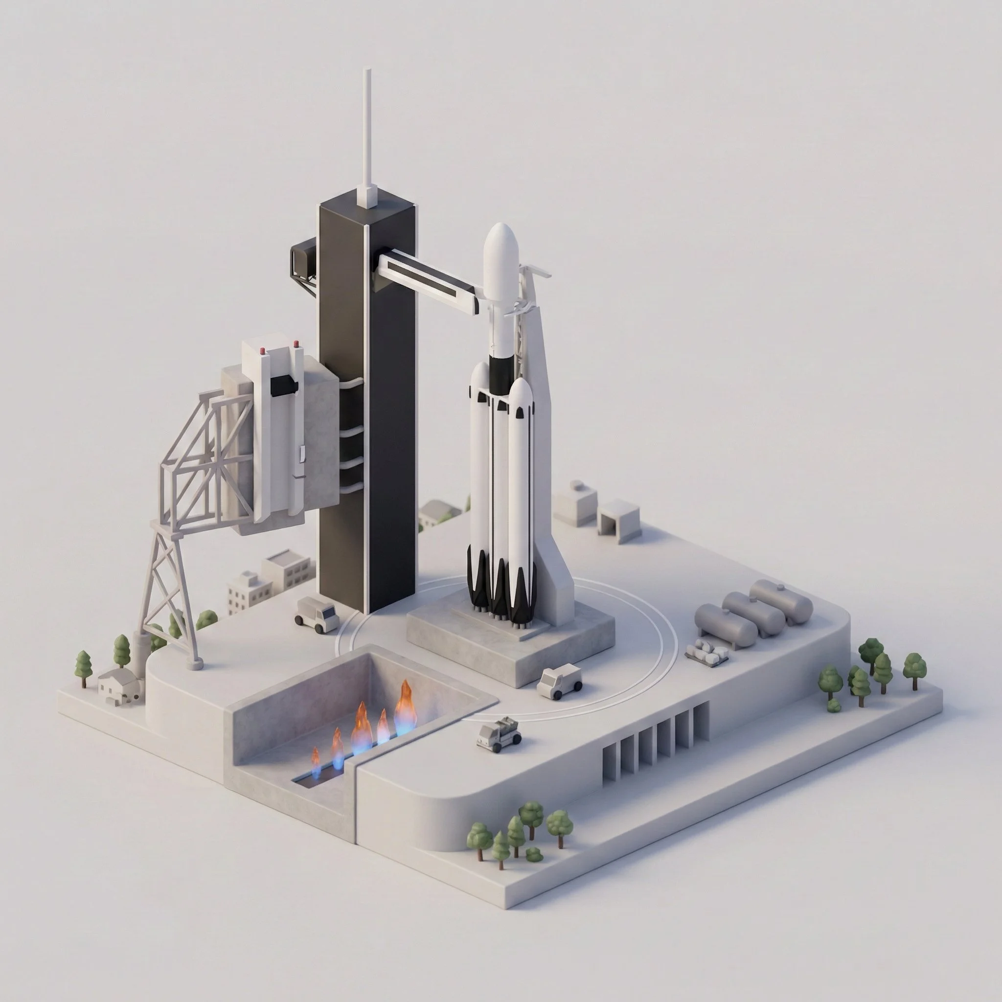3D isometric diorama of a SpaceX rocket launch pad