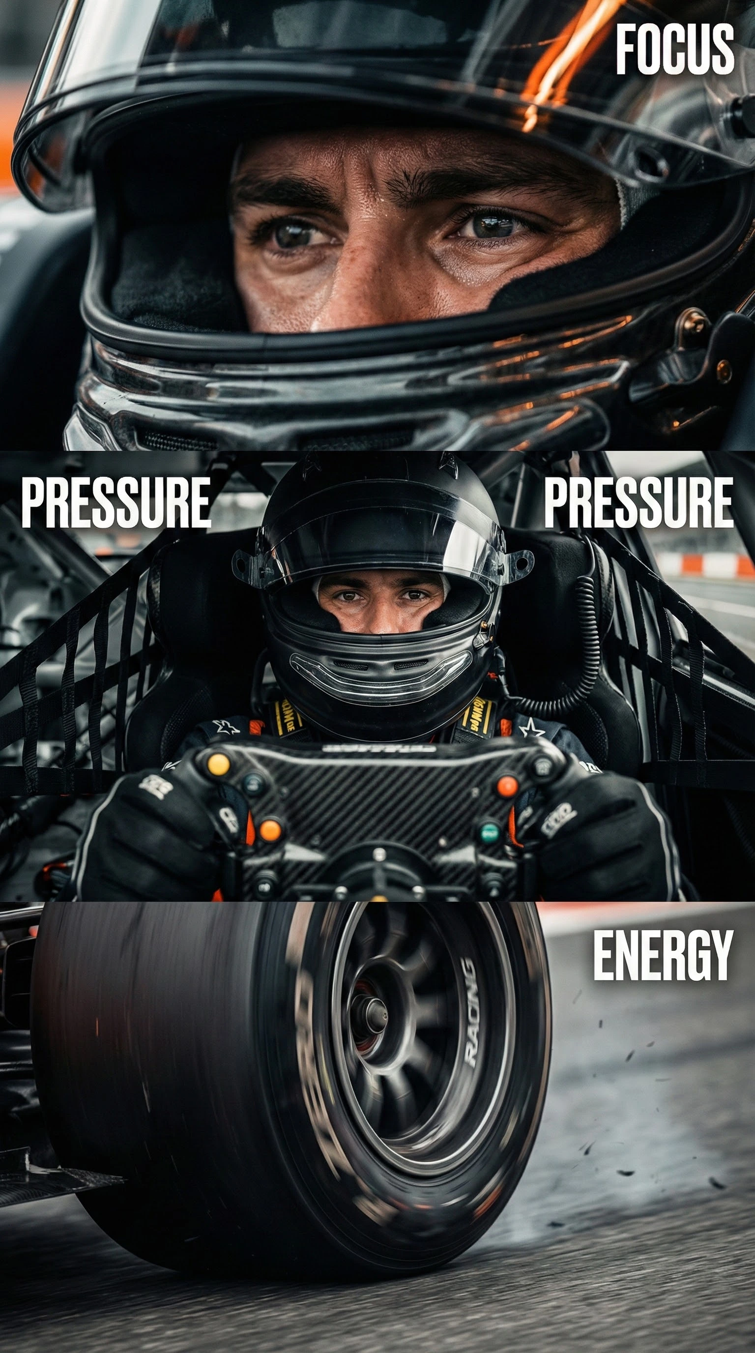 3-panel editorial storyboard of race driver