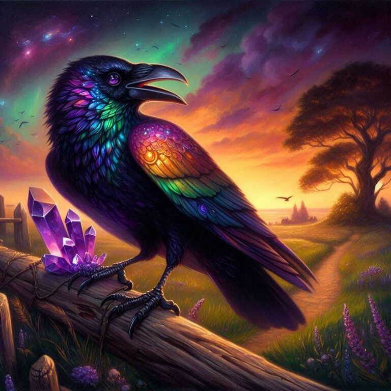 Iridescent Crow Holding Amethyst Crystal Oil Painting