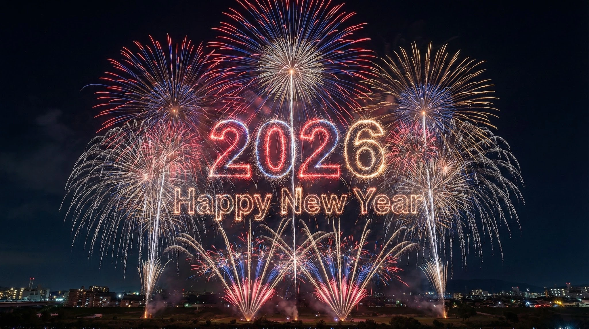 Nighttime fireworks of '2026 happy new year'
