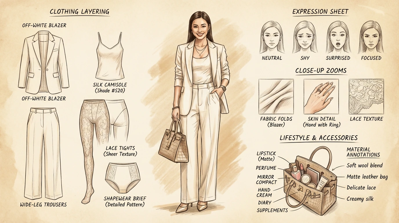 Fashion-style concept breakdown sheet of woman