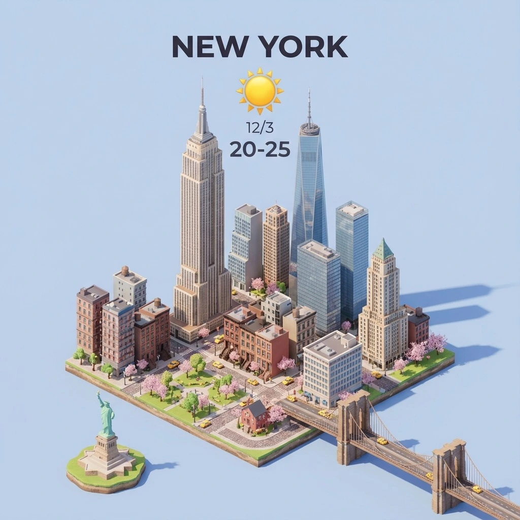 3D cartoon weather card of New York City