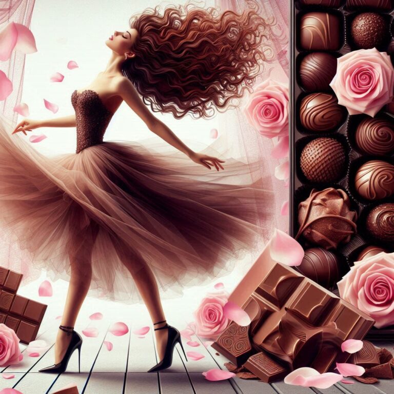 Chocolatier Lady Dancing With Pink Rose Pralines