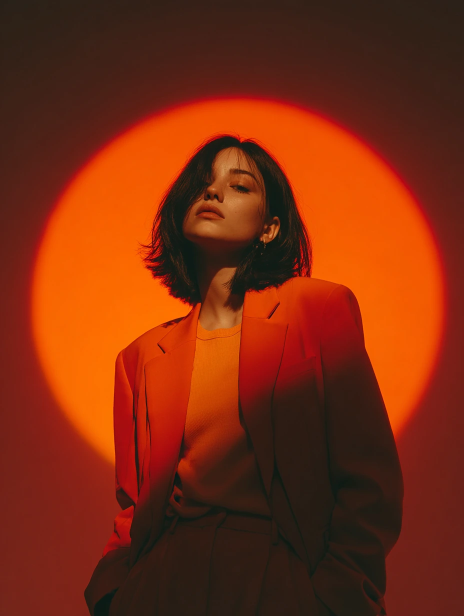 Young woman portrait with red-white light halo