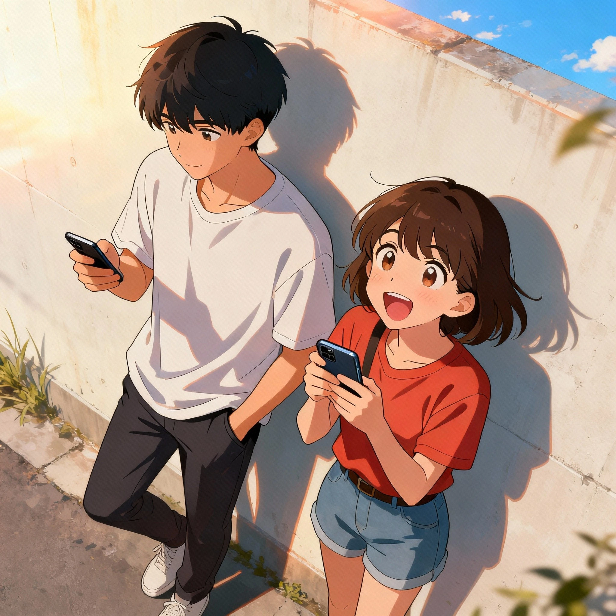 Two teenagers standing against wall with phones
