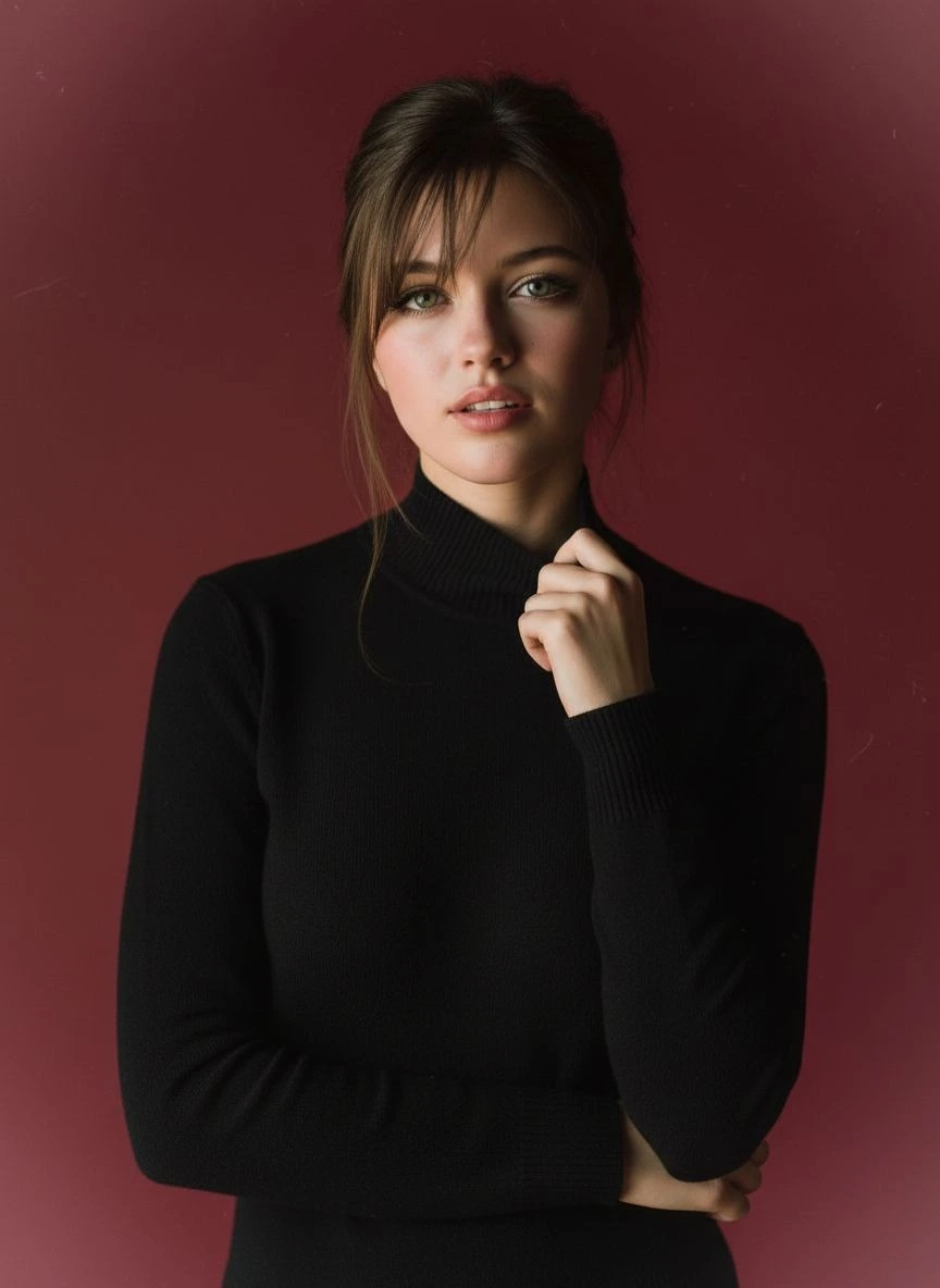Professional headshot of woman dark red background