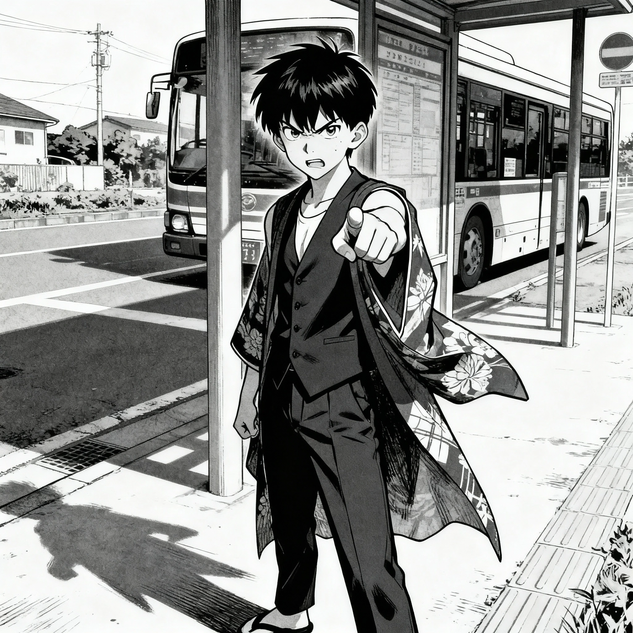 Black and white manga of young boy at bus stop