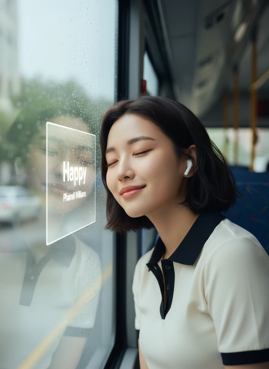 Happy girl on bus with glass music palyer