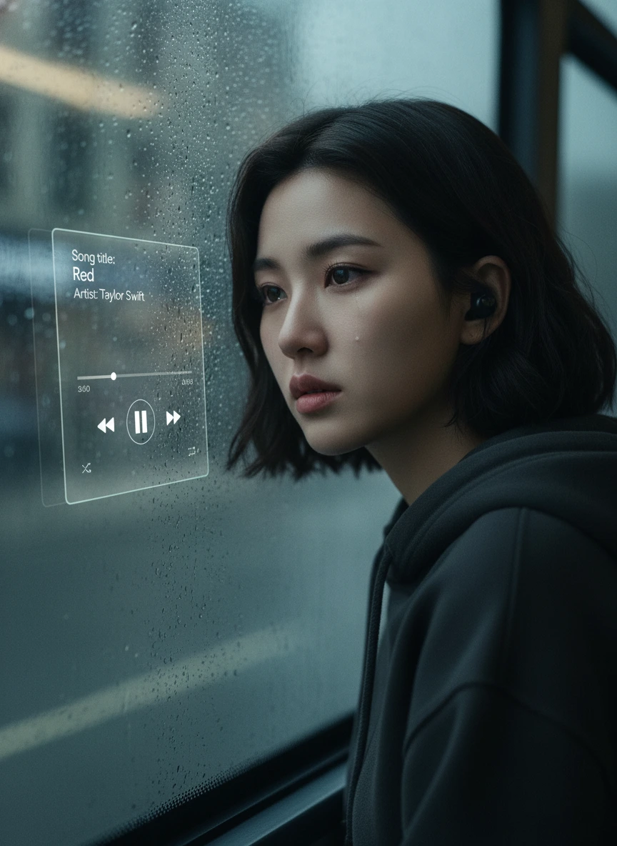 Sad girl on bus with windows reflection of music
