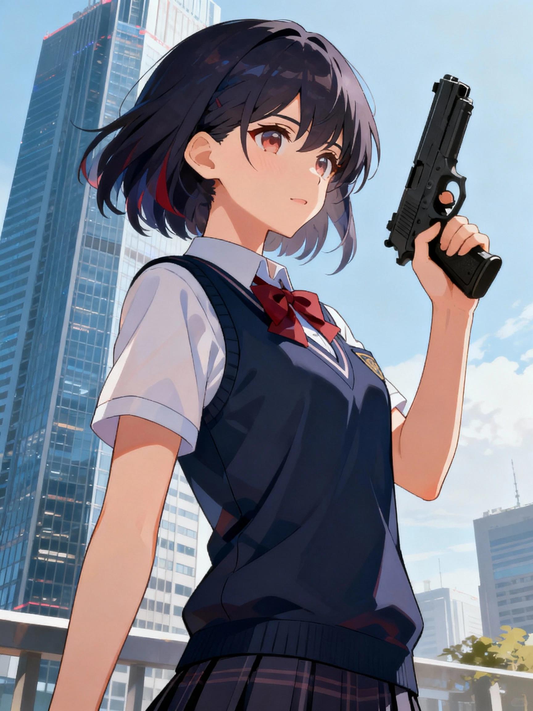Genshin style shool girl holding gun