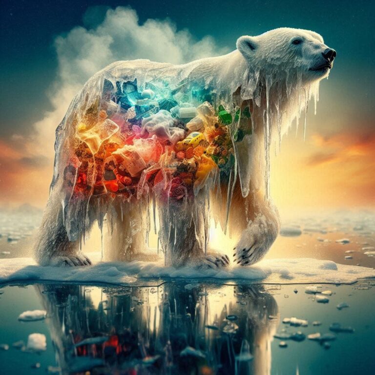 Melting Ice Polar Bear Revealing Hidden Garbage Collage