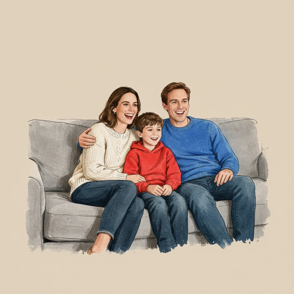 Watercolor style illustration of family photo