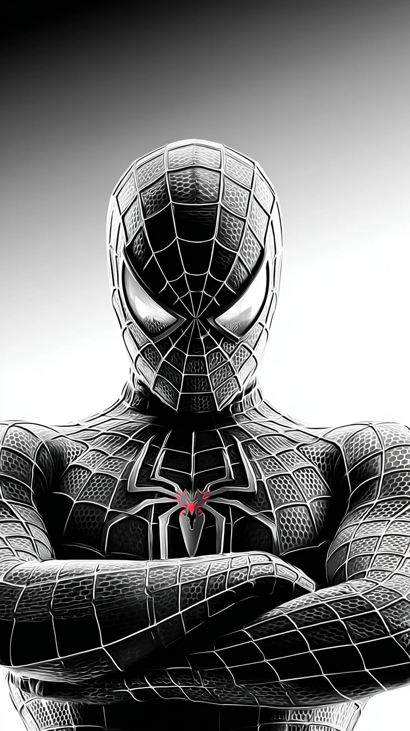 Black and white studio portrait of Spider Man
