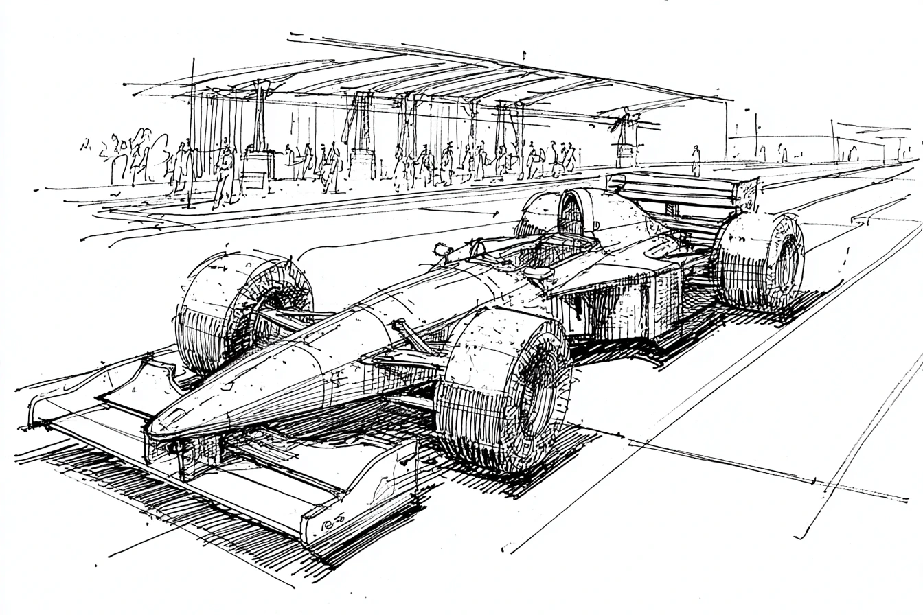 Black and white sketch of F1 car