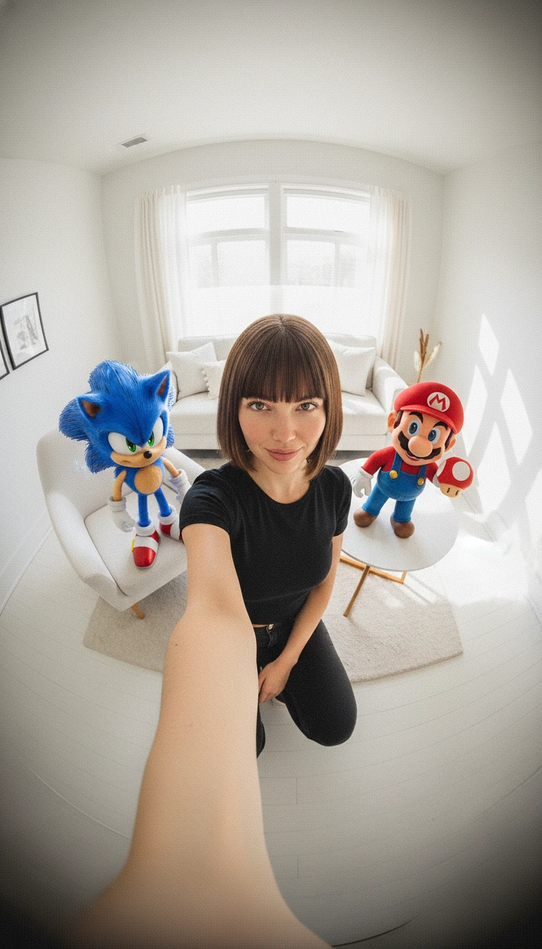 Fisheye lens selfie with Sonic and Mario