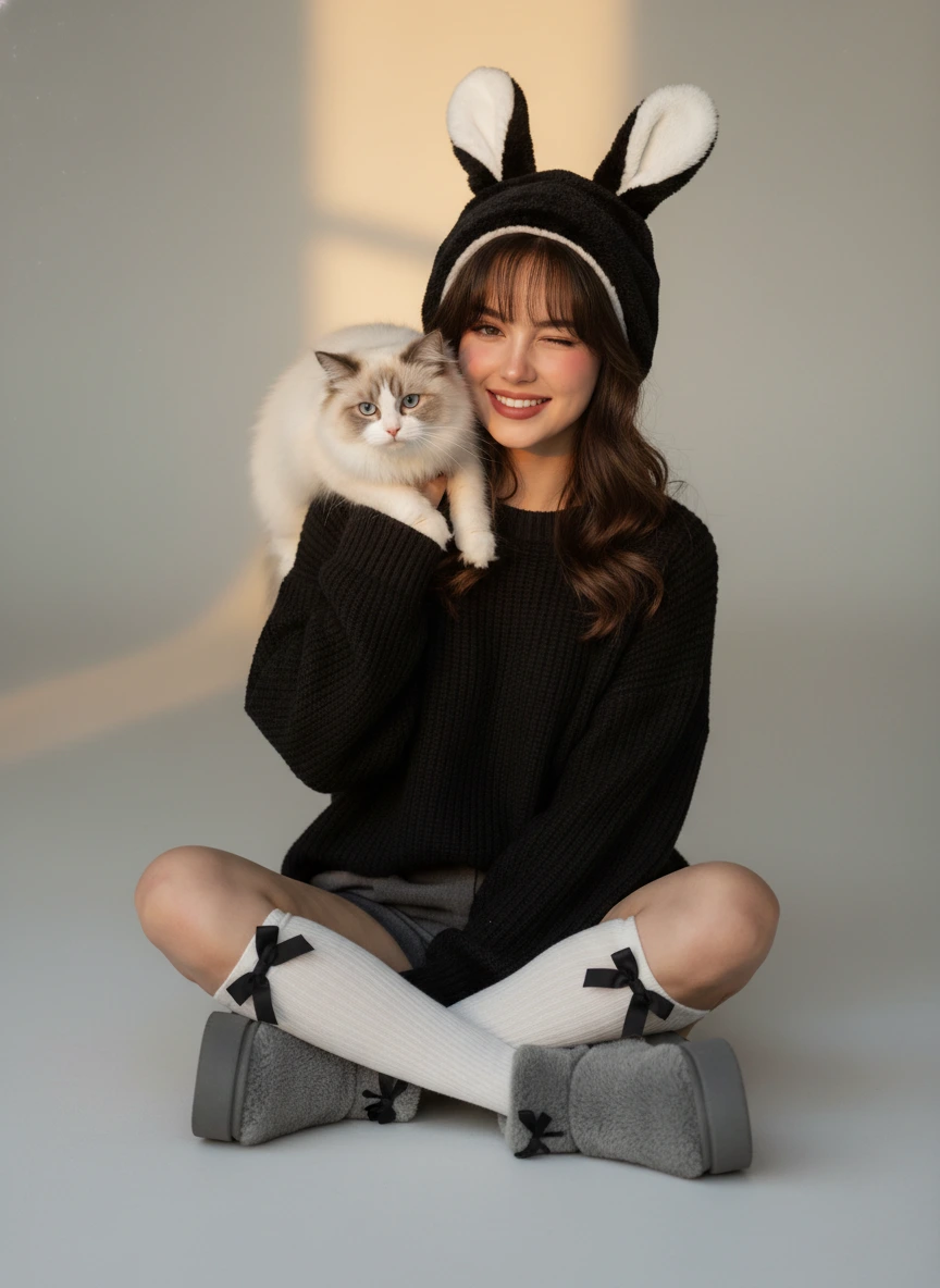 Professional headshot of cute girl with cat