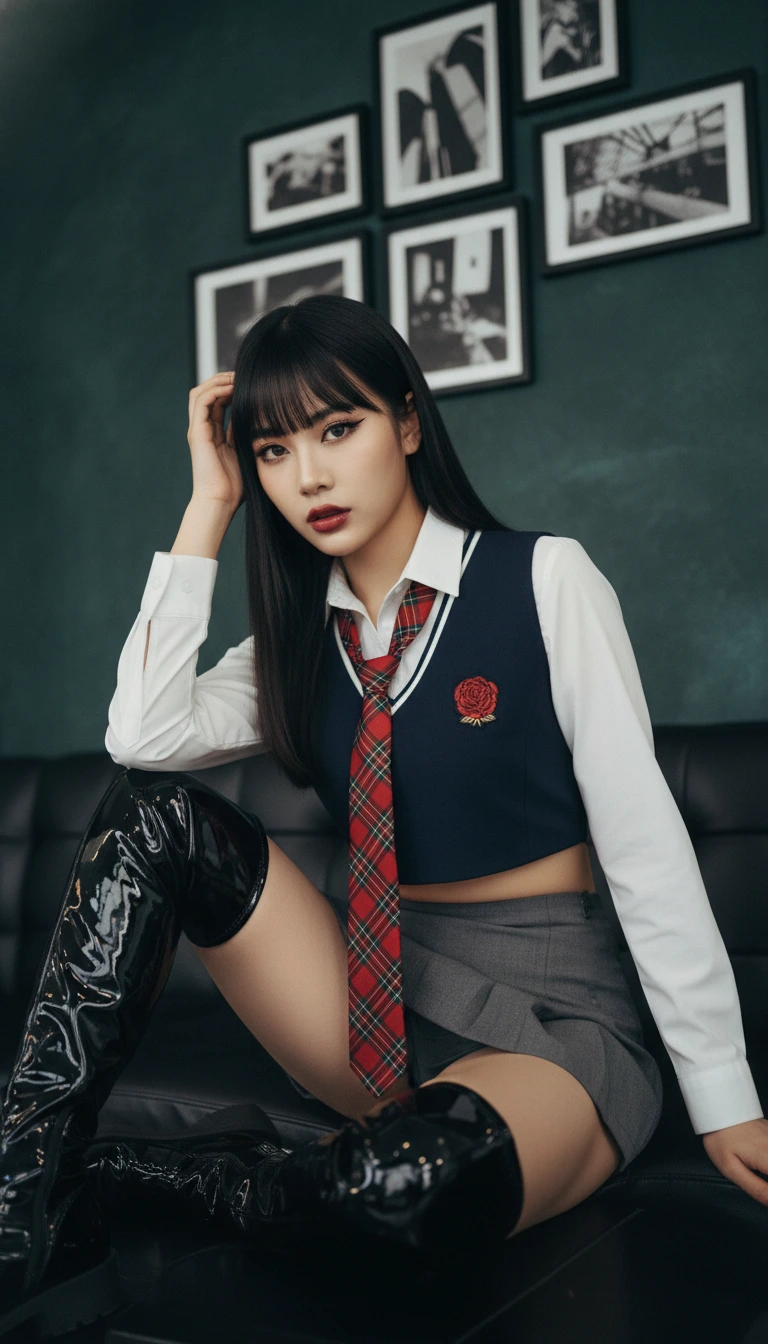 East Asian girl in uniform  and mini-skirt