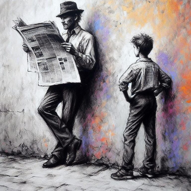 Charcoal Oil Painting of Hatted Man Reading Newspaper