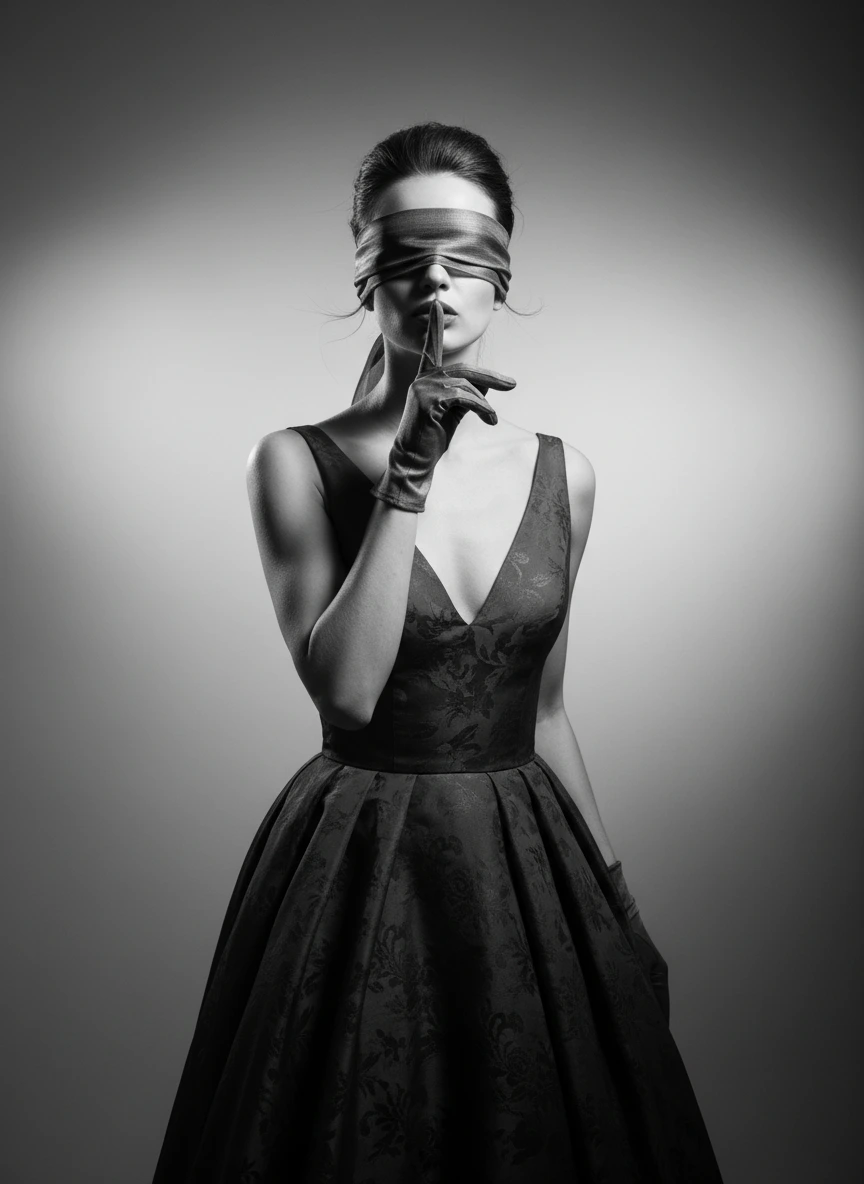 Elegant woman portrait holding finger to her lips