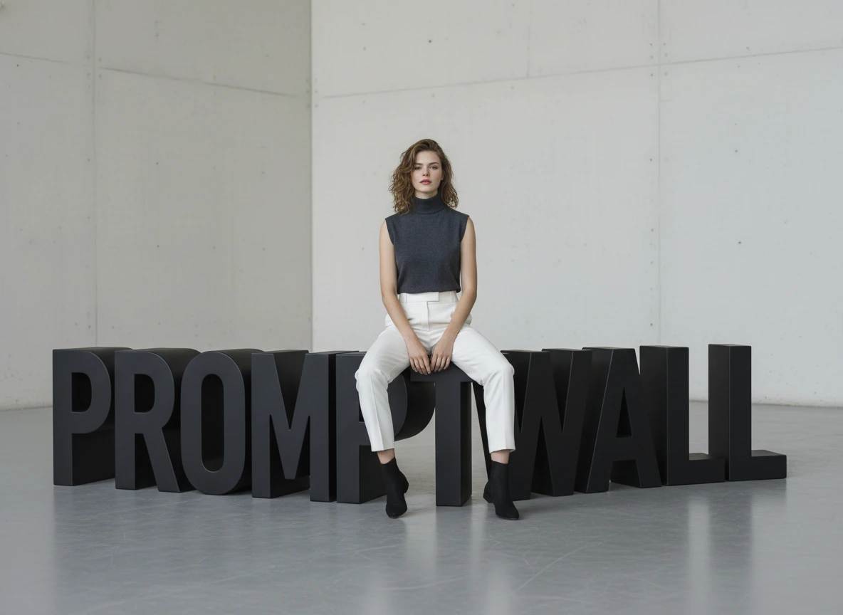 Beauty sitting on letters sculpture