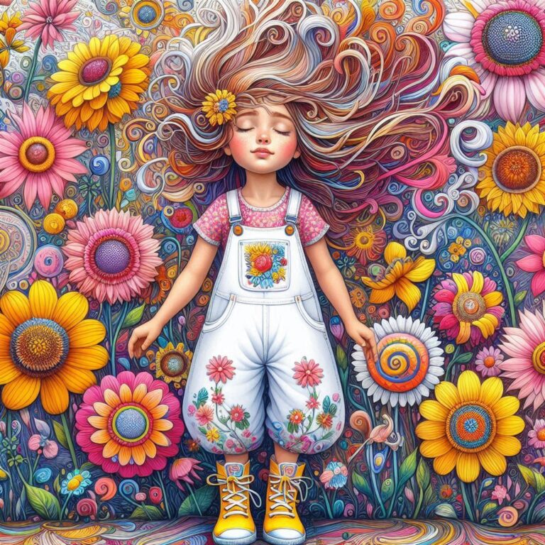 Stormy Haired Girl in Embroidered Dungarees and Flowers