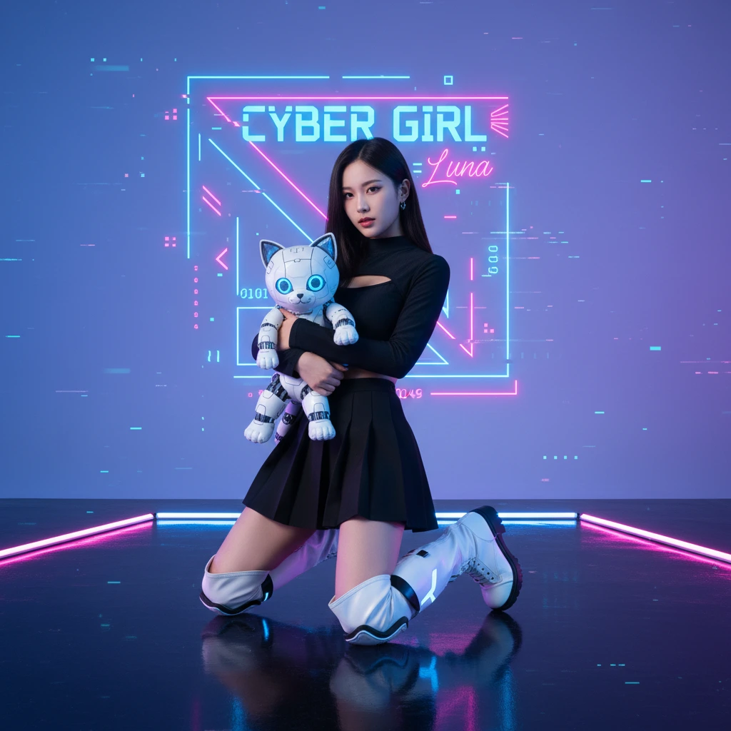 Cyber girl portrait wearing black mini skirt