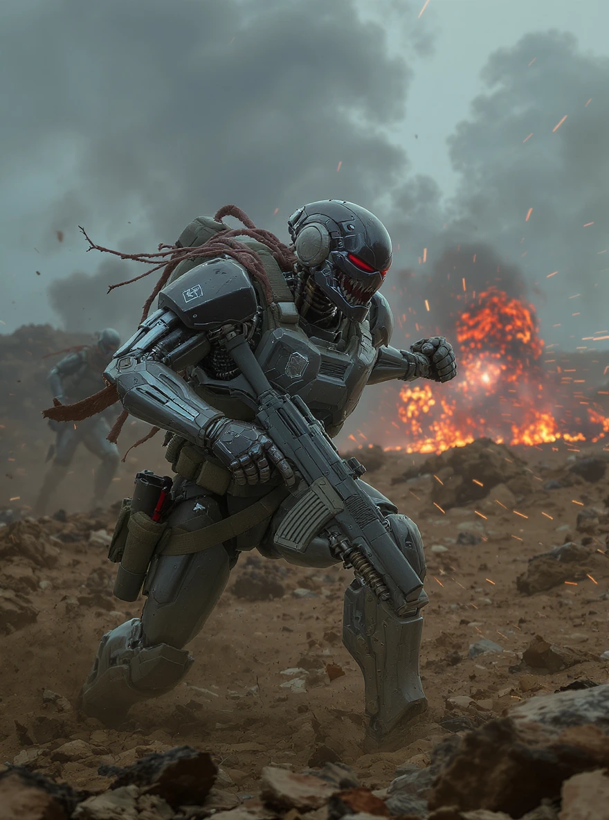 cyborg robot soldier in battlefield