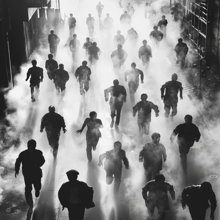 Monochrome Cinematic Stampede of Running People