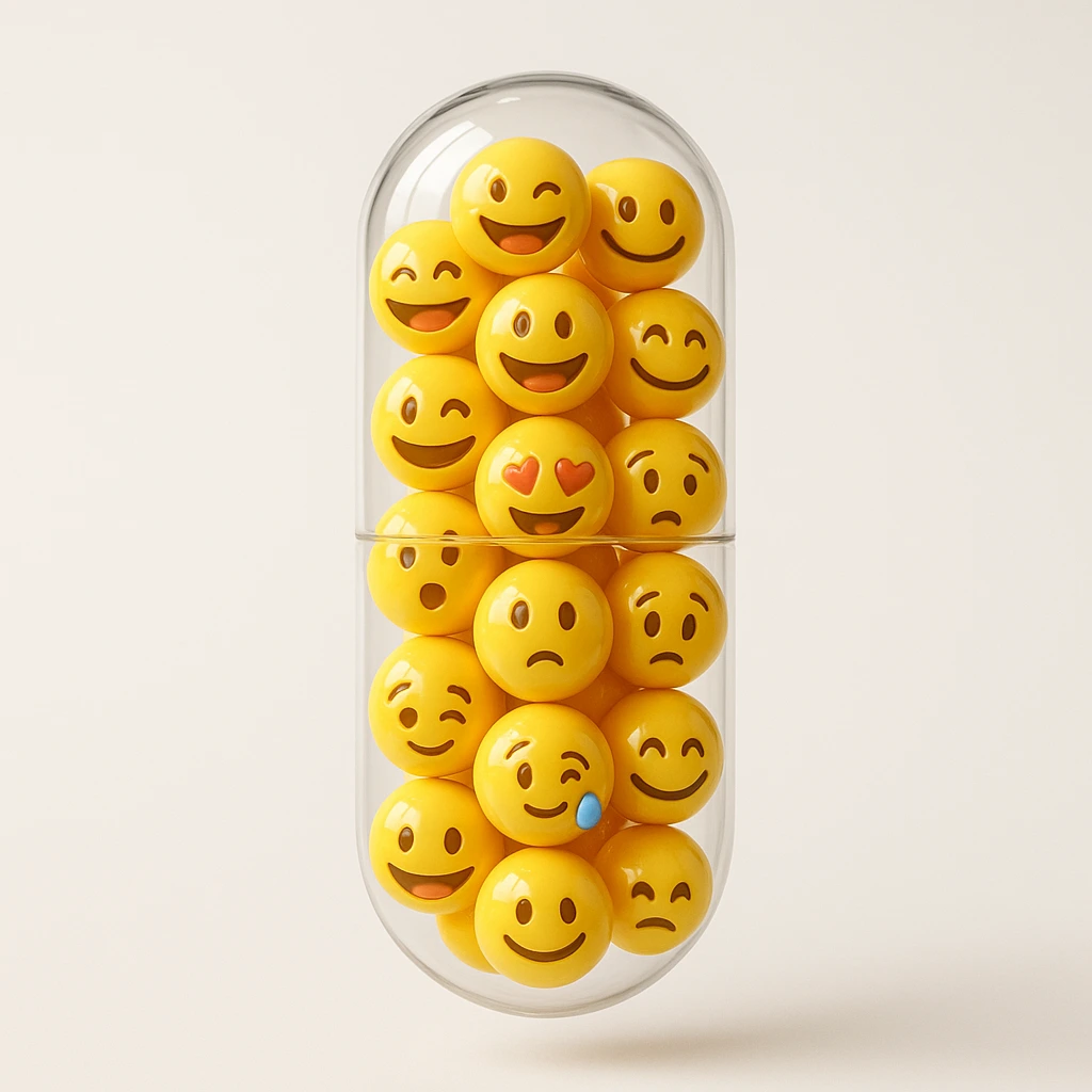 A transparent glass capsule with emoji balls in it