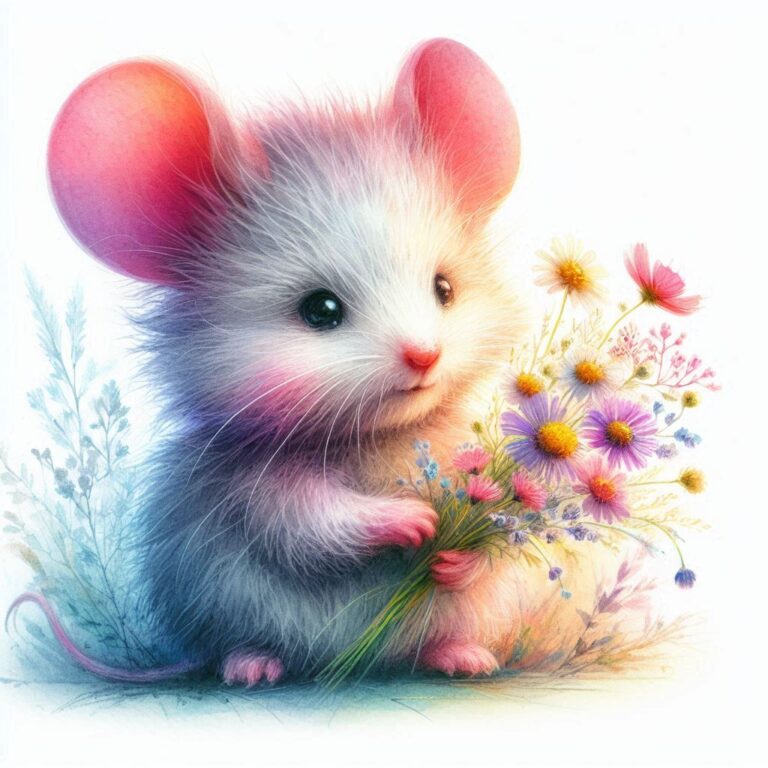 Fluffy Mouse Holding Wildflowers Pastel Watercolor