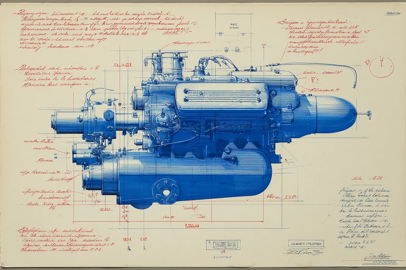 Detailed technical drawing blueprint of engine